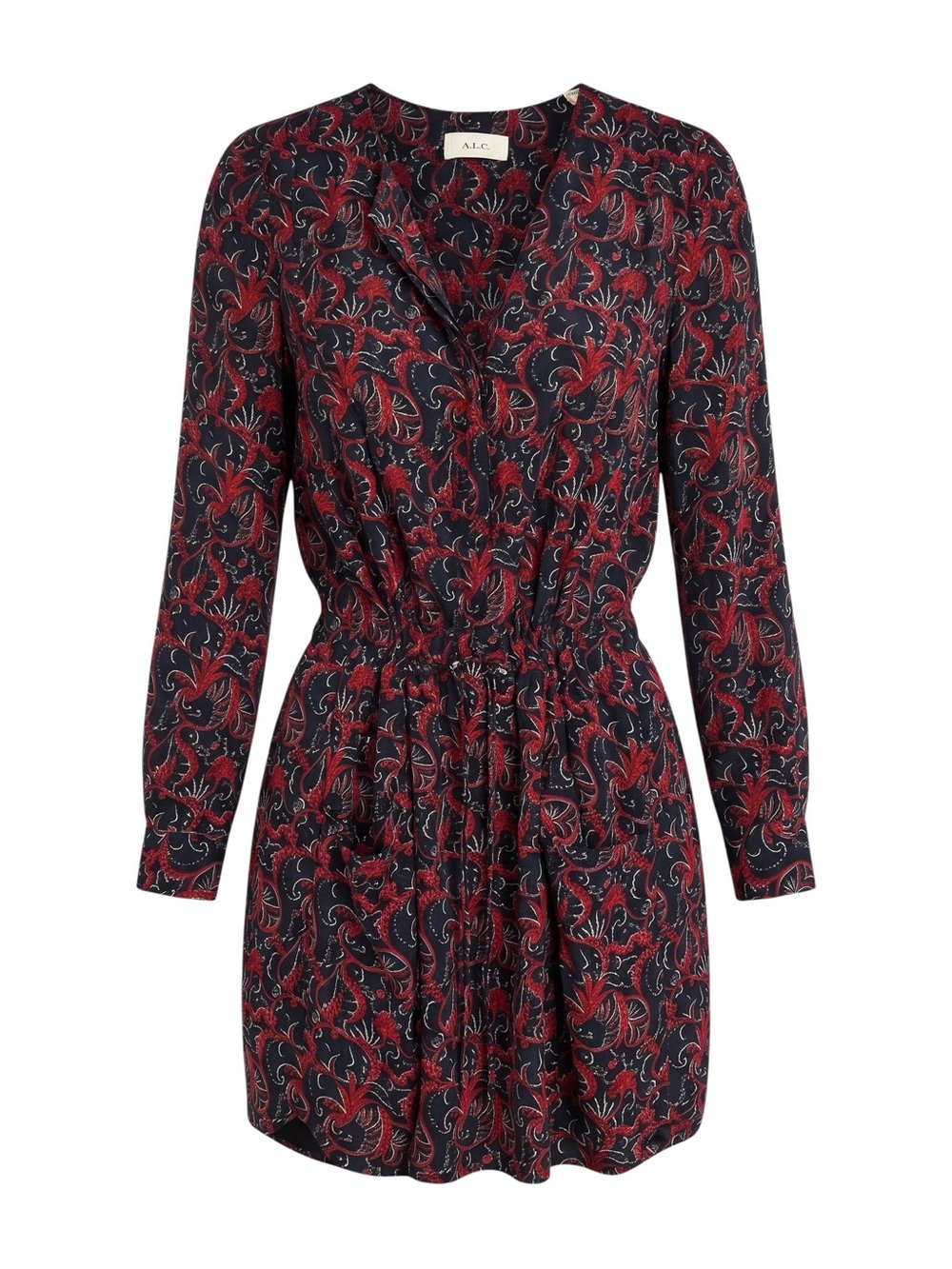 A.L.C. Sullivan Silk Botanical Print Drawstring Shirt Dress Navy Red Size 4